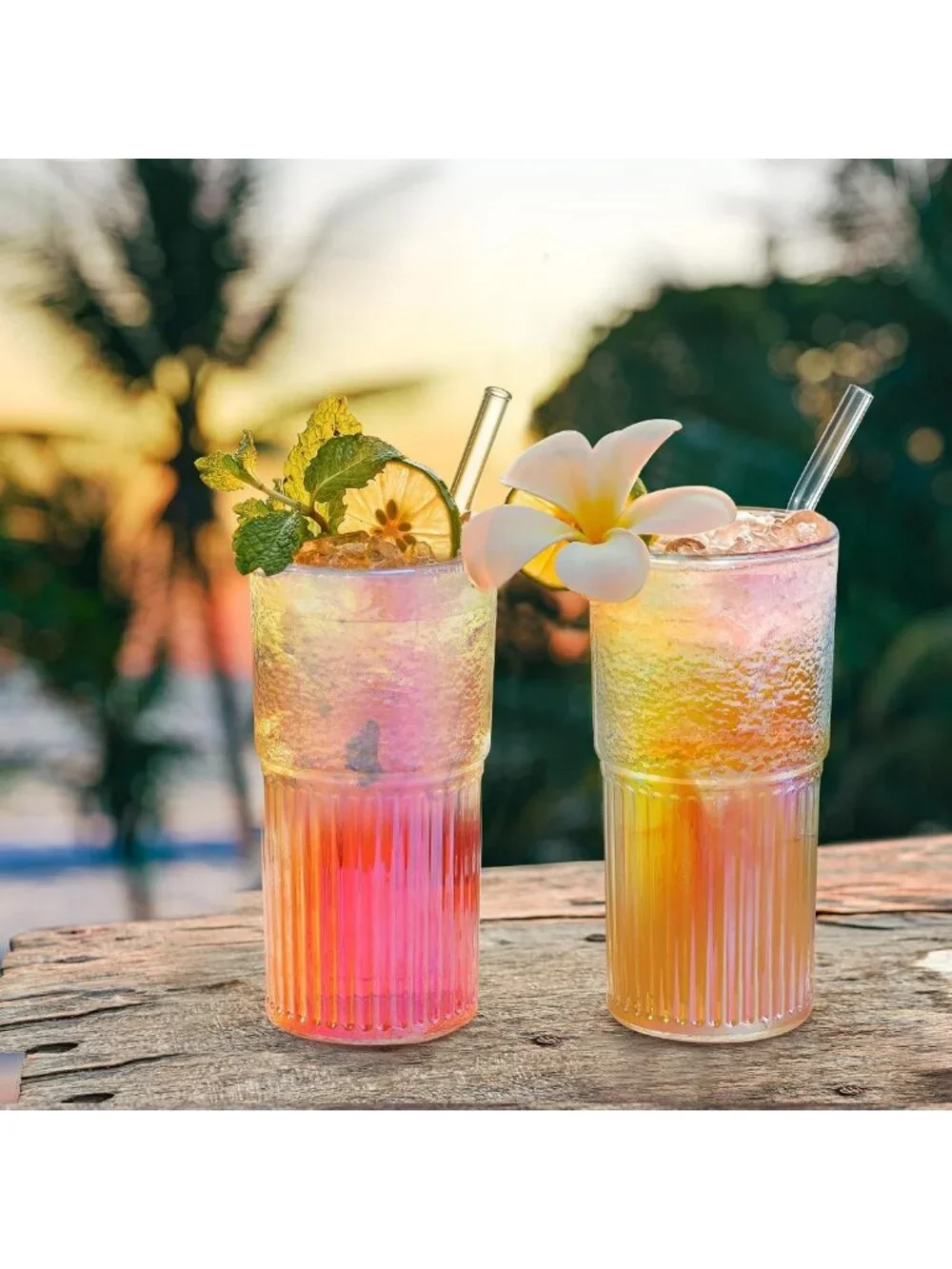 Iridescent 22oz Glass Tumbler with Straw & Lid - Ribbed Design, Perfect for